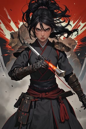 physically-based rendering, portrait, ultra-fine painting, extreme detail description, Akira Kurosawa's movie-style poster features a full-body shot of a 18-year-old European-Japanese girl, embodying the Shinobi of Japan's Warring States Period, An enigmatic female kunoichi, clad in ninja armor , This striking depiction, seemingly bursting with unspoken power, illustrates a fierce and formidable female warrior in the midst of battle. The image, likely a detailed painting, showcases the intensity of the female ninja's gaze and the intricate craftsmanship of his armor. Each intricately depicted detail mesmerizes the viewer, immersing them in the extraordinary skill and artistry captured in this remarkable 