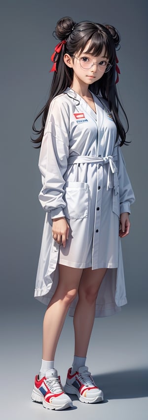 1girl,solo, full body, long hair, glasses, ((white lab gown)), looking at viewer, blue background, black hair, standing, simple background, two side up, blue eyes, lips, closed mouth, red ribbon, hair ribbon, bangs, sneakers, parted bangs, buns, nose, Haerin_NJ