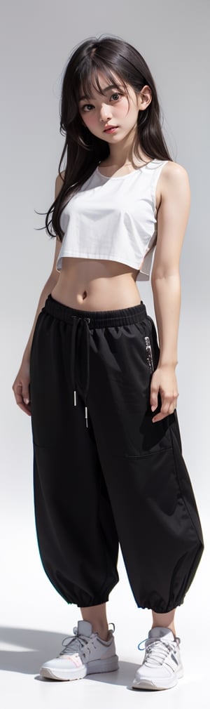15 year old Korean girl, full body, pastel tee black baggy ankle long parachute pants, sleeveless crop top, midriff ,white simple background