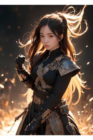 physically-based rendering, portrait, ultra-fine painting, extreme detail description, Akira Kurosawa's movie-style poster features a full-body shot of a super cute 18-year-old European-Japanese girl, embodying the Shinobi of Japan's Warring States Period, An enigmatic female kunoichi, clad in ninja armor , This striking depiction, seemingly bursting with unspoken power, illustrates a fierce and formidable female warrior in the midst of battle. The image, likely a detailed painting, showcases the intensity of the female ninja's gaze and the intricate craftsmanship of his armor. Each intricately depicted detail mesmerizes the viewer, immersing them in the extraordinary skill and artistry captured in this remarkable 