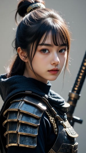 physically-based rendering, portrait, ultra-fine painting, extreme detail description, Akira Kurosawa's movie-style poster features a full-body shot of a super cute 18-year-old European-Japanese girl, embodying the Shinobi of Japan's Warring States Period, An enigmatic female kunoichi, clad in ninja armor , This striking depiction, seemingly bursting with unspoken power, illustrates a fierce and formidable female warrior in the midst of battle. The image, likely a detailed painting, showcases the intensity of the female ninja's gaze and the intricate craftsmanship of his armor. Each intricately depicted detail mesmerizes the viewer, immersing them in the extraordinary skill and artistry captured in this remarkable 