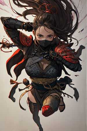 physically-based rendering, portrait, ultra-fine painting, extreme detail description, Akira Kurosawa's movie-style poster features a full-body shot of a 18-year-old European-Japanese girl, embodying the Shinobi of Japan's Warring States Period, An enigmatic female kunoichi, clad in ninja armor , This striking depiction, seemingly bursting with unspoken power, illustrates a fierce and formidable female warrior in the midst of battle. The image, likely a detailed painting, showcases the intensity of the female ninja's gaze and the intricate craftsmanship of his armor. Each intricately depicted detail mesmerizes the viewer, immersing them in the extraordinary skill and artistry captured in this remarkable 