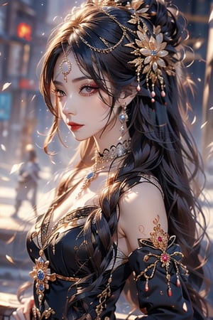 1 girl, pearl jewelary long hair pearl in it  goth dress looking at the viewer front 