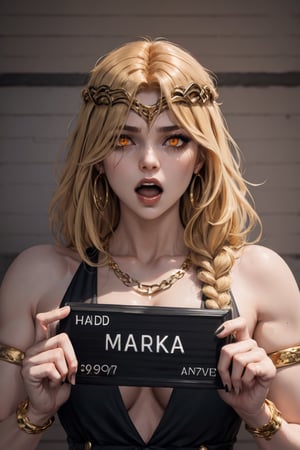 good anatomy, masterpiece, best quality, 4k, 8k, 1girl,concept_barbie_mugshot_ownwaifu, holding, barbie_mugshot_(meme), height_mark, height_chart, nameplate, (holding sign:1.1), letterboxed, looking at viewer, meme, mugshot, open mouth, solo, upper body, www.ownwaifu.com, scared,

QueenMarika_dress_aiwaifu,blonde hair,hair over one eye,breasts,jewelry,long hair,dress,armlet,large breasts,cleavage,bracelet,bare shoulders,black dress,necklace,braid,yellow eyes,lips,circlet,pelvic curtain,plunging neckline,very long hair,thighlet,gold,chain,armband,gold chain,bangle,center opening,braided ponytail,thigh strap,earrings,belt,hair over shoulder,sleeveless dress,orange eyes,hair ornament,
,QueenMarika_dress_aiwaifu