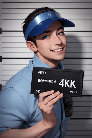 1boy, english text, holding, male focus, old, photo \(medium\), smile, solo, upper body, visor cap, blue eyes, 
good anatomy, masterpiece, best quality, 4k, 8k, 1boy, concept_ken_mugshot_ownwaifu,holding, barbie_mugshot_(meme),www.ownwaifu.com,
