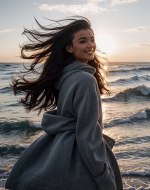 winter, girl walks along the sea, smiles, perfect face, perfect eyes, rough sea, very windy, shot bottom view, (realistic:1.3), finely detailed, quality, rembrandt lighting, (masterpiece:1.2), (photorealistic:1.2), Leica M11 Camera, 34 mm lens
(best quality), (detailed skin:1.3), (intricate details), dramatic, ray tracing, 1girl,photorealistic