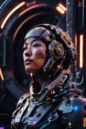 photorealistic,Mecha body,cyberfusion, (realistic:1.3), finely detailed, face human quality, cyberpunk ambient lighting, (masterpiece:1.2), (photorealistic:1.2), sexy face, model face, 
(best quality), (detailed skin:1.3), (intricate details), dramatic, ray tracing, chinese girl, symmetrical armor,
30 years old, detailed skin texture, (blush:0.5), (goosebumps:0.5), subsurface scattering, short hair, 
hair between eyes, blush, bangs, mecha, headgear, science fiction, mechanical arms, glowing parts, 
robot joints, cybernetic, cyberpunk, dynamic pose, (indoors, space station, complex machinery, 
futuristic parts,