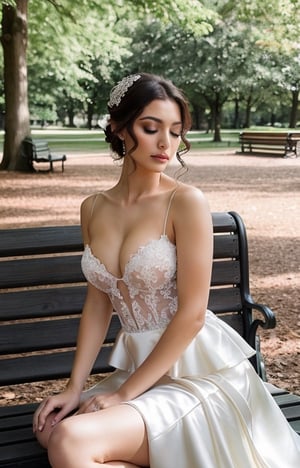  Sexy model with wedding dress sitting on bench in park,  erotic pose,  sexy pose,  (sitting:1.1),  looking at viewer,  (realistic:1.4),  perfect body,  perfect breasts, photorealistic, Makeup