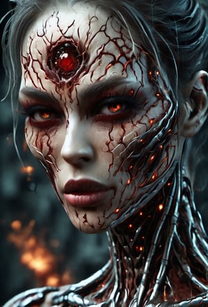 Female, DonMD3m0nXL, Blood, Woman vampire, blood face, third eye on the forehead, (exposed long tongue), 10k very detailed, best quality, masterpiece, very detailed, very detailed, cg, unification, 8k wallpaper, fantastic, fine details, masterpiece, top quality, highly detailed CG uniform 8k wallpaper, bio_fluids,