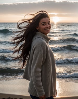 winter, girl walks along the sea, smiles, perfect face, perfect eyes, rough sea, very windy, shot bottom view, (realistic:1.3), finely detailed, quality, rembrandt lighting, (masterpiece:1.2), (photorealistic:1.2), Leica M11 Camera,  90 mm lens
(best quality), (detailed skin:1.3), (intricate details), dramatic, ray tracing, 1girl,photorealistic