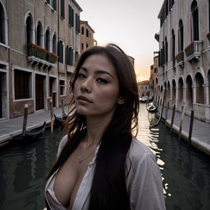 Venice autumn , Venice grand canal sunset, wind, woman glamour pose,  shirt ultra detail,  sensual mouth high resolution,  mouth half open, very detailed face,  best quality,  masterpiece,  very detailed boobs,  very detailed, unification, fine details,  b/w photo,  top quality,  highly  8k wallpaper, 