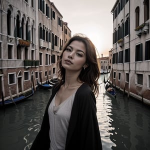 Venice autumn , Venice grand canal sunset, wind, woman glamour pose,  shirt ultra detail,  sensual mouth high resolution,  mouth half open, very detailed face,  best quality,  masterpiece,  very detailed,  very detailed, unification, fine details,  b/w photo,  top quality,  highly  8k wallpaper, 