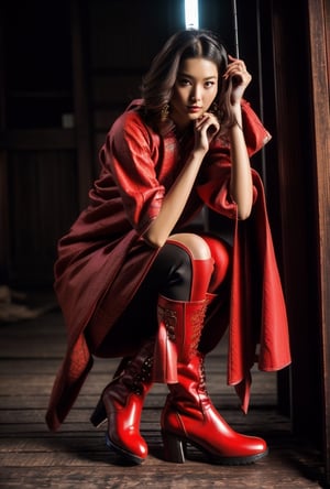 Night, Samurai Woman 30y.o, looking at viewer, with red costume, very detailed face, Best quality, masterpiece, ultra high res, (photorealistic:1.4), raw photo, glamour pose,  porcelain skin, too long boots, sexy female, perfect face, perfect hair, perfect lips, photorealistic, Samurai girl.