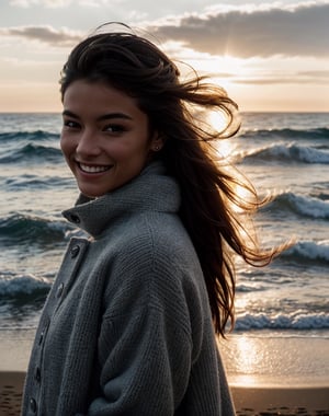 winter, girl walks along the sea, smiles, perfect face, perfect eyes, rough sea, very windy, photographic close-up, (realistic:1.3), finely detailed, quality, rembrandt lighting, (masterpiece:1.2), (photorealistic:1.2), 
(best quality), (detailed skin:1.3), (intricate details), dramatic, ray tracing, 1girl,photorealistic