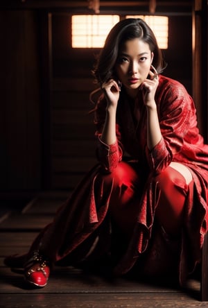 Night, Samurai Woman 30y.o, looking at viewer, with red costume, very detailed face, Best quality, masterpiece, ultra high res, (photorealistic:1.4), raw photo, glamour pose,  porcelain skin, too long boots, sexy female, perfect face, perfect hair, perfect lips, perfect hand, phalanges of the fingers, photorealistic, Samurai girl.