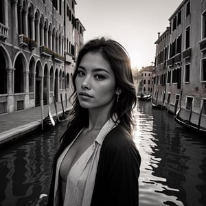 Venice autumn , Venice grand canal sunset, wind, woman glamour pose,  shirt ultra detail,  sensual mouth high resolution,  very detailed face,  best quality,  masterpiece,  very detailed,  very detailed, unification, fine details,  b/w photo,  top quality,  highly  8k wallpaper, 