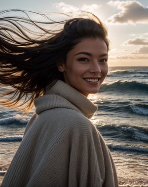 winter, girl walks along the sea, smiles, perfect face, perfect eyes, rough sea, very windy, photographic close-up, (realistic:1.3), finely detailed, quality, rembrandt lighting, (masterpiece:1.2), (photorealistic:1.2), 
(best quality), (detailed skin:1.3), (intricate details), dramatic, ray tracing, 1girl,photorealistic