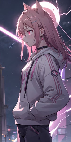 masterpiece, best quality, absurdres, perfect anatomy, 1girl, solo, earrings, sharp eyes, choker, neon shirt, open jacket, turtleneck sweater, night, dim lighting, alley, cats ears,1girl hairclip,Neon Light, blushing, glowing eyes, neon eyes, neon clothes, glow_in_the_dark, hoodie, hooded, short_pants, black clothes, hand_in_pocket, tsunderia, hooding, arrgant, has a Lightning power, lighting from hand, Lightning from her eyes,lighting eyes, profile, little of tears, dark theme, sad theme, multicolored eyes