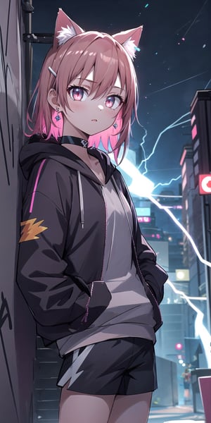 masterpiece, best quality, absurdres, perfect anatomy, 1girl, solo, earrings, sharp eyes, choker, neon shirt, open jacket, turtleneck sweater, night, against wall, brick wall, graffiti, dim lighting, alley, looking_to_side, cats ears,1girl hairclip,Neon Light, blushing, glowing eyes, neon eyes, neon clothes, glow_in_the_dark, hoodie, hooded, short_pants, black clothes, hand_in_pocket, tsunderia, hooding, arrgant, has a Lightning power, lighting from hand, Lightning from her eyes,lighting eyes, don't looking at viewer