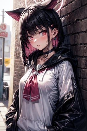 masterpiece, best quality, absurdres, perfect anatomy, 1girl, solo, earrings, sharp eyes, choker, neon shirt, open jacket, turtleneck sweater, night, against wall, brick wall, graffiti, dim lighting, alley, looking at viewer,kazusadef