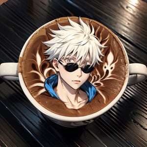 high_resolution, good qulity, beautyfull, coffee, latte, latte art
(masterpiece,best quality), as a latte art1boy, muscular, sunglasses,hooded cloak,Jujutsu Kaisen, satoru gojo,short hair,hair between eyes,