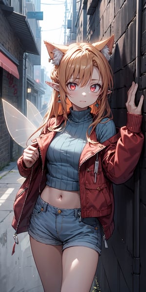 masterpiece, best quality, absurdres, perfect anatomy, 1girl, solo, earrings, sharp eyes, choker, neon shirt, open jacket, turtleneck sweater, night, against wall, brick wall, graffiti, dim lighting, alley, looking at viewer, cats ears,titania,midriff,fairy wings, cat girls, glowing eyes,pointy ears,zodiac_asuna
