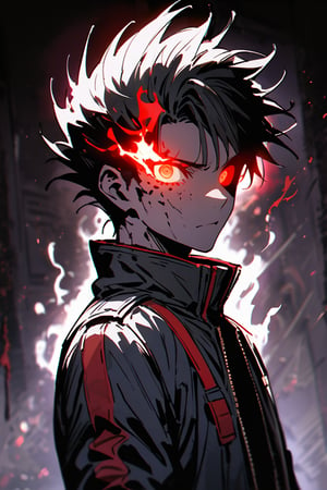 silhouette, Horror, solo, looking at viewer, short hair, Red eyes, 1boy, jacket, upper body, male focus, from side, glowing, spiked hair, glowing eyes, dark theme, high collar, flaming eyes