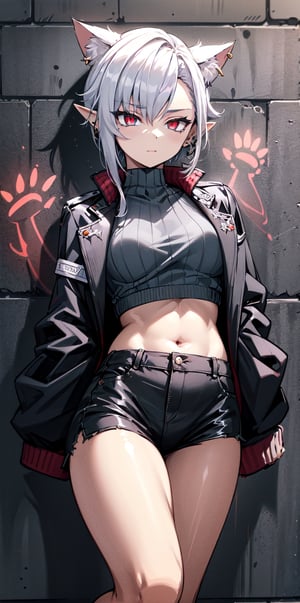 masterpiece, best quality, absurdres, perfect anatomy, 1girl, solo, earrings, sharp eyes, choker, neon shirt, open jacket, turtleneck sweater, night, against wall, brick wall, graffiti, dim lighting, alley, looking at viewer, cats ears,titania,midriff, cat girls, glowing eyes,pointy ears,