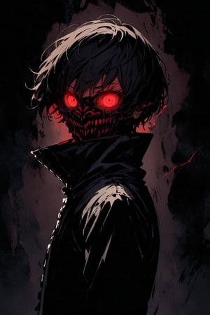 silhouette, Horror, solo, looking at viewer, short hair, Red eyes, 1boy, jacket, upper body, male focus, from side, glowing, glowing eyes, dark theme, high collar,eye trail, full mask