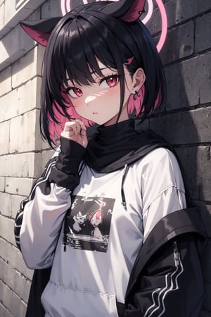 masterpiece, best quality, absurdres, perfect anatomy, 1girl, solo, earrings, sharp eyes, choker, neon shirt, open jacket, turtleneck sweater, night, against wall, brick wall, graffiti, dim lighting, alley, looking at viewer,kazusadef