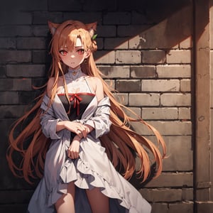 masterpiece, best quality, absurdres, perfect anatomy, 1girl, solo, earrings, sharp eyes, choker, neon shirt, open jacket, turtleneck sweater, night, against wall, brick wall, graffiti, dim lighting, alley, looking at viewer, cats ears,titania
