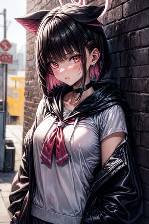 masterpiece, best quality, absurdres, perfect anatomy, 1girl, solo, earrings, sharp eyes, choker, neon shirt, open jacket, turtleneck sweater, night, against wall, brick wall, graffiti, dim lighting, alley, looking at viewer,kazusadef