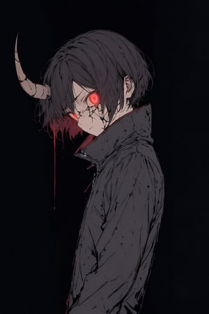 silhouette, Horror, solo, looking at viewer, short hair, Red eyes, 1boy, jacket, upper body, male focus, from side, glowing, glowing eyes, dark theme, high collar,eye trail, totally Cracked face, sad, broken, broken_horn