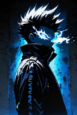 silhouette, Horror, solo, looking at viewer, short hair, blue eyes, 1boy, jacket, upper body, male focus, from side, glowing, spiked hair, glowing eyes, dark theme, high collar, flaming eyes