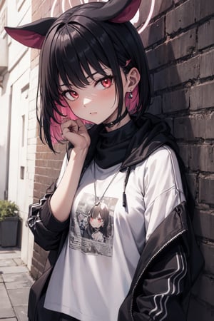 masterpiece, best quality, absurdres, perfect anatomy, 1girl, solo, earrings, sharp eyes, choker, neon shirt, open jacket, turtleneck sweater, night, against wall, brick wall, graffiti, dim lighting, alley, looking at viewer,kazusadef