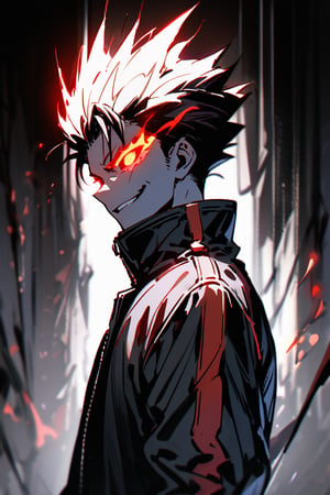 silhouette, Horror, solo, looking at viewer, short hair, Red eyes, 1boy, jacket, upper body, male focus, from side, glowing, spiked hair, glowing eyes, dark theme, high collar, flaming eyes, smirk