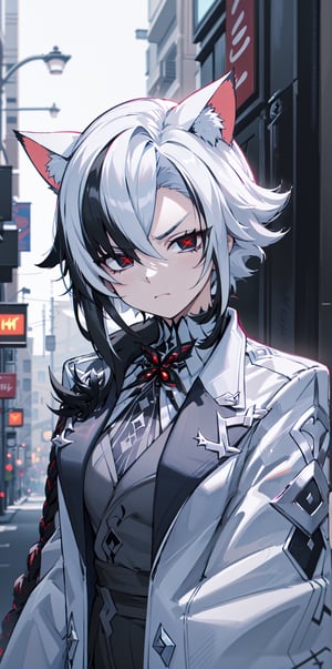 masterpiece, best quality, absurdres, perfect anatomy, 1girl with cat ears, solo, night, dim lighting, alley, looking at viewer, cats ears, cat girl, arrogant, black eyes, x-shaped pupils

Cat ears, white hair, black hair, multicolored hair, gloves, arle_suit, upper body, serious, serious face