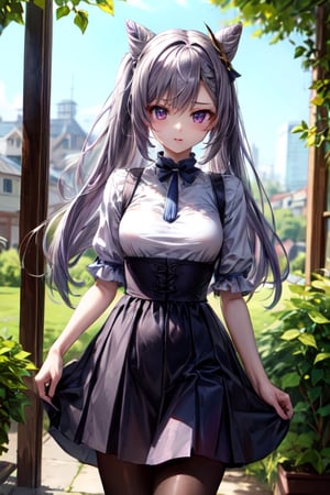 masterpiece, detailed, long hair, (slim body), out doors, (virgin killer outfit, high-waist skirt, pantyhose), (keqingrnd)