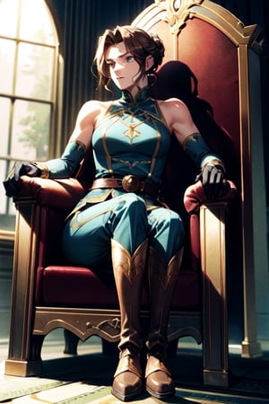 masterpiece, detailed, mature_female, throne, gloves, bare shoulders, boots, sleeveless, belt, pants, armor, brown footwear, black pants, knee boots, brown gloves, sitting