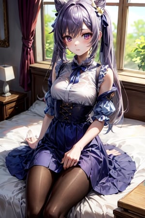 masterpiece, detailed, long hair, (slim body), bed, (virgin killer outfit, high-waist skirt, pantyhose), (keqingrnd)