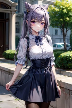 masterpiece, detailed, long hair, (slim body), out doors, (virgin killer outfit, high-waist skirt, pantyhose), (keqingrnd)