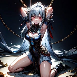 masterpiece, detailed, tall girl, JingliuHSR, red eyes, long hair, (chained_up), arms up, cuffs, dark room, kneeling