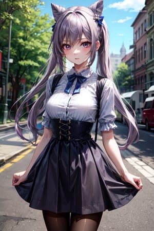 masterpiece, detailed, long hair, (slim body), out doors, (virgin killer outfit, high-waist skirt, pantyhose), (keqingrnd)