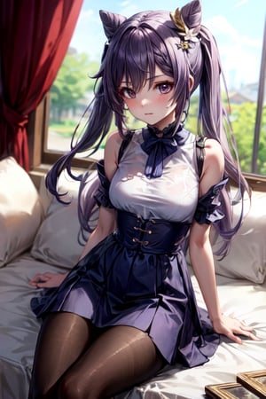 masterpiece, detailed, long hair, (slim body), bed, (virgin killer outfit, high-waist skirt, pantyhose), (keqingrnd)