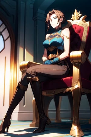 masterpiece, detailed, mature_female, throne, gloves, bare shoulders, boots, sleeveless, belt, pants, armor, brown footwear, black pants, knee boots, brown gloves, sitting