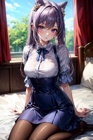 masterpiece, detailed, long hair, (slim body), bed, (virgin killer outfit, high-waist skirt, pantyhose), (keqingrnd)