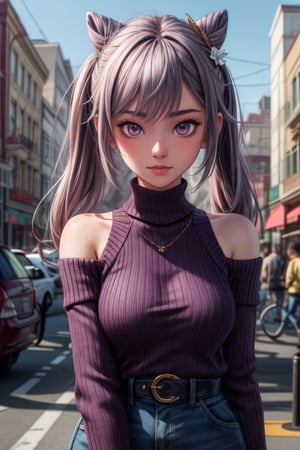 (masterpiece, best quality, ultra-detailed, 8K), 1girl, keqingrnd, purple sweater, off shoulder, public,