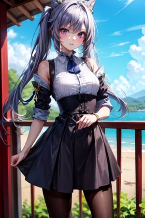 masterpiece, detailed, long hair, (slim body), out doors, (virgin killer outfit, high-waist skirt, pantyhose), (keqingrnd)