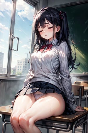 masterpiece, detailed, tall girl, classroom, accidental exposure panties, short skirt, sleeping, eyes closed 