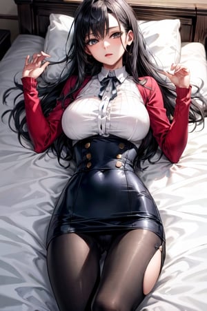 masterpiece, detailed, long hair, (slim body), bed, virgin killer outfit, high-waist skirt, mature female